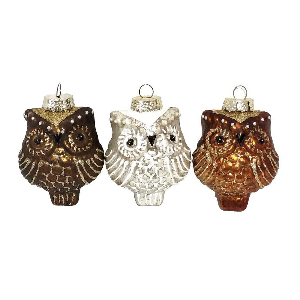 Owl Christmas Tree Ornaments Set of 3 Mercury Glass Brown White Bronze Glitter